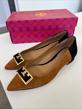 Tory Burch gigi 20mm pointy toe flat silk suede leather dark tiramisu tan black